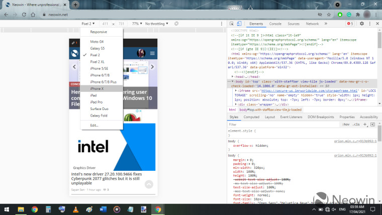 mobile version of neowin on google chrome