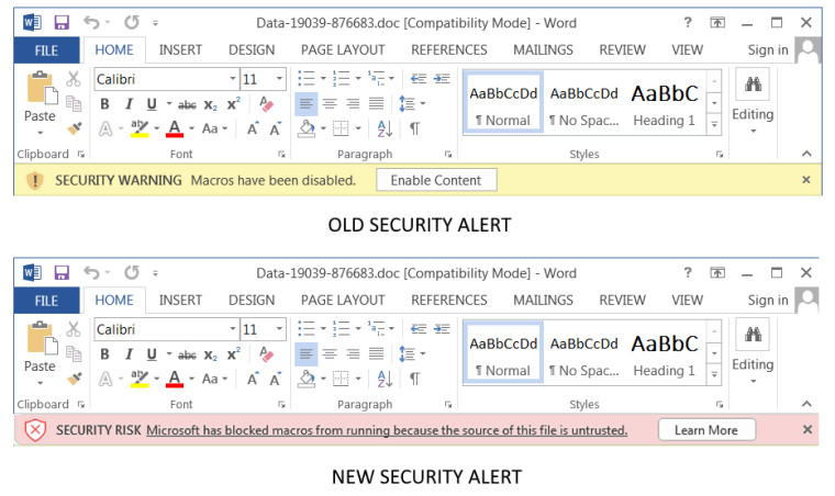 Comparison image of VBA Macros alert old vs new Comparison image of VBA Macros alert old vs new