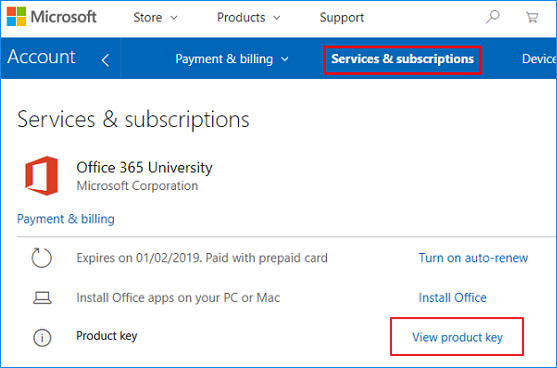 View Office 365 product key from Microsoft service page View Office 365 product key from Microsoft service page